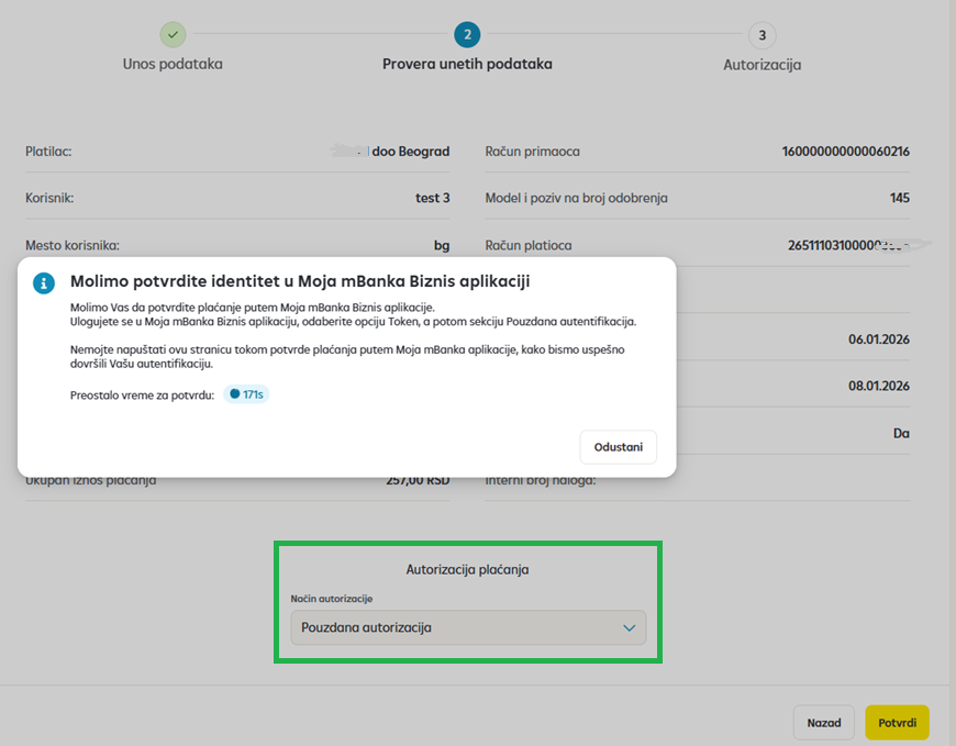 Pop-up prozor za potvrdu transakcije i istrukcijama
