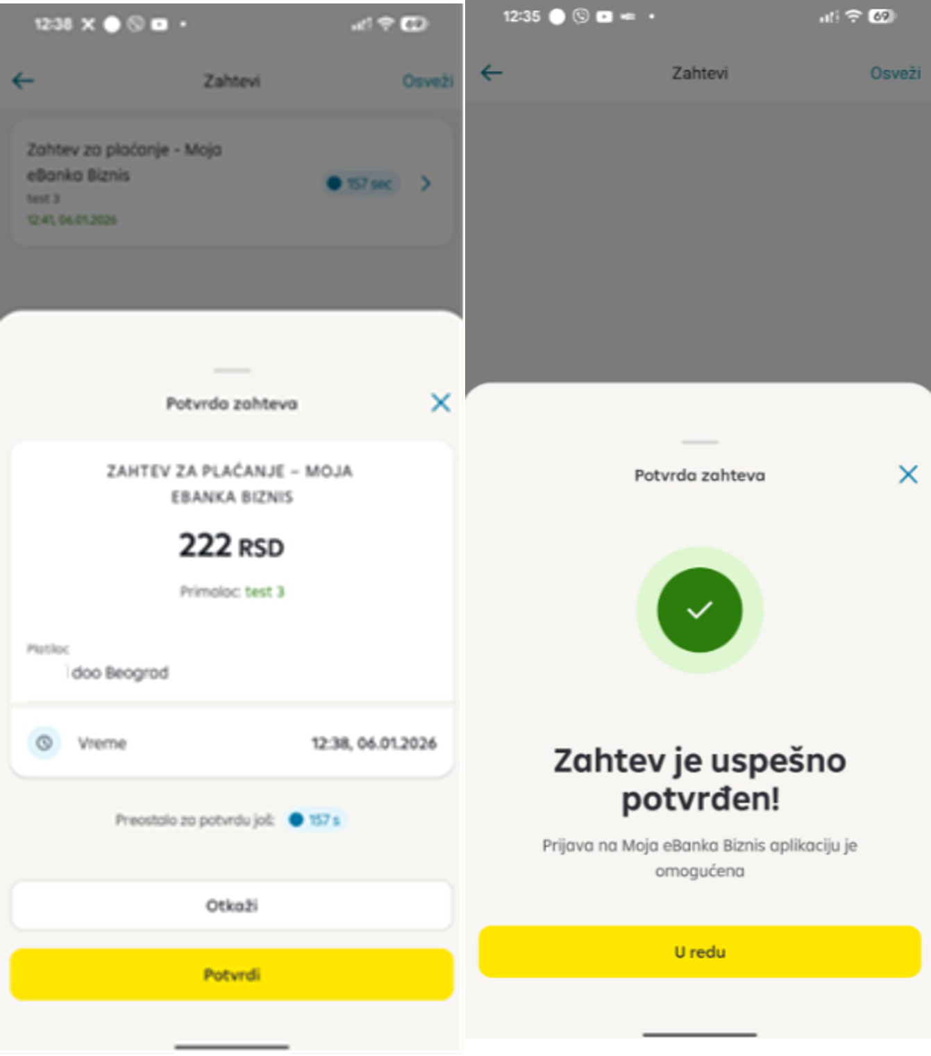 Ekrani za potvrdu transakcije u Moja mBanka mobilnoj aplikaciji
