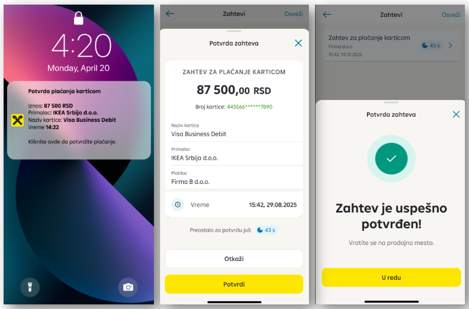 Ekrani za potvrdu plaćanja u mobilnoj aplikaciji Moja mBanka