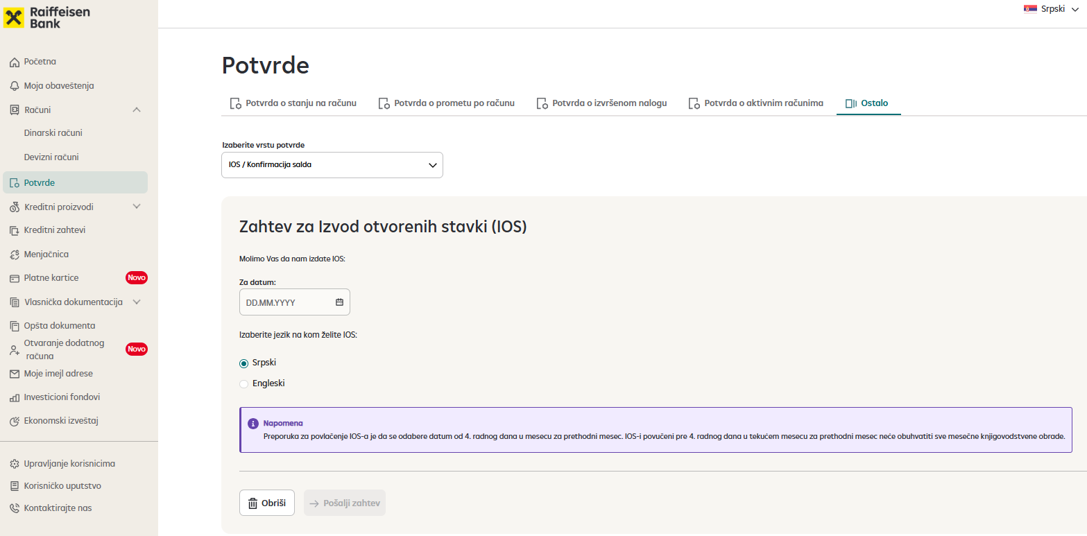Zahtev za izvod otvorenih stavki - iPortal.