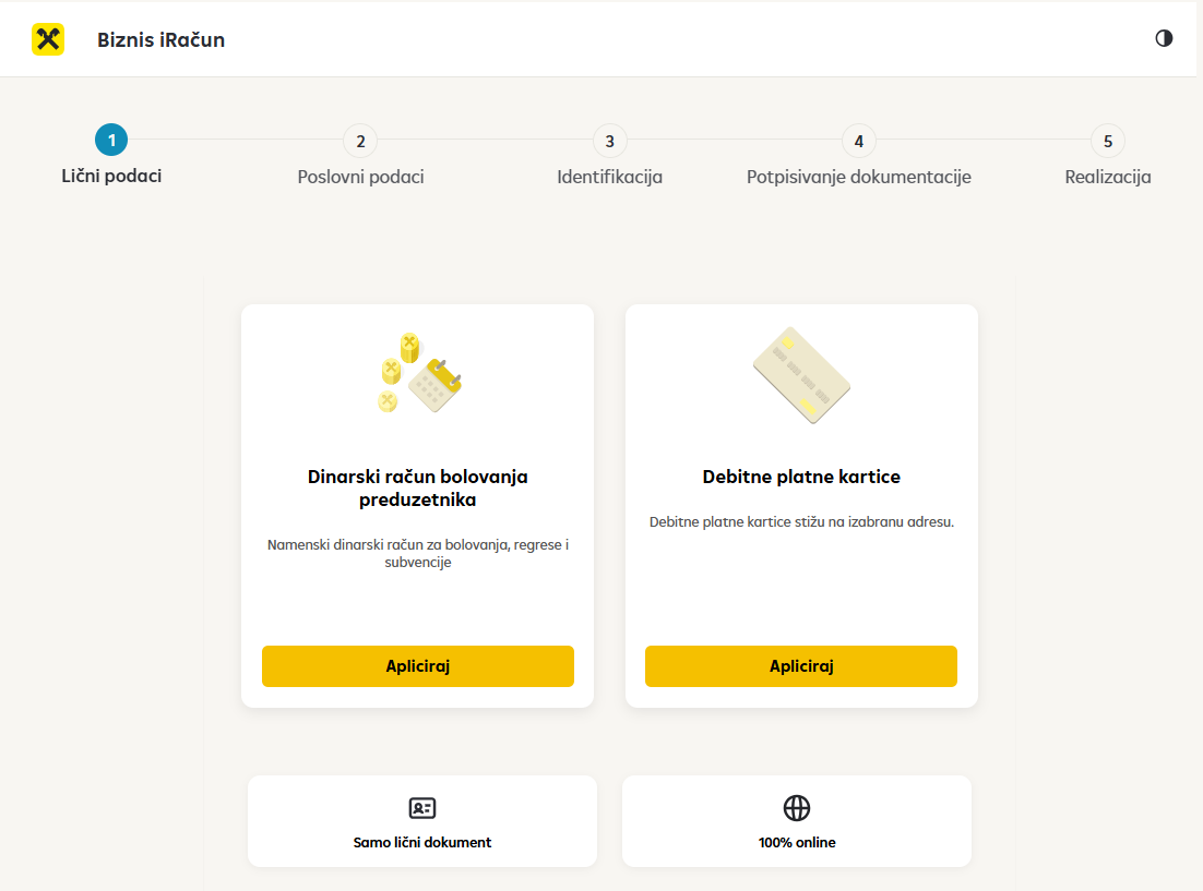 Ekran početka apliciranja za debitnu karticu online