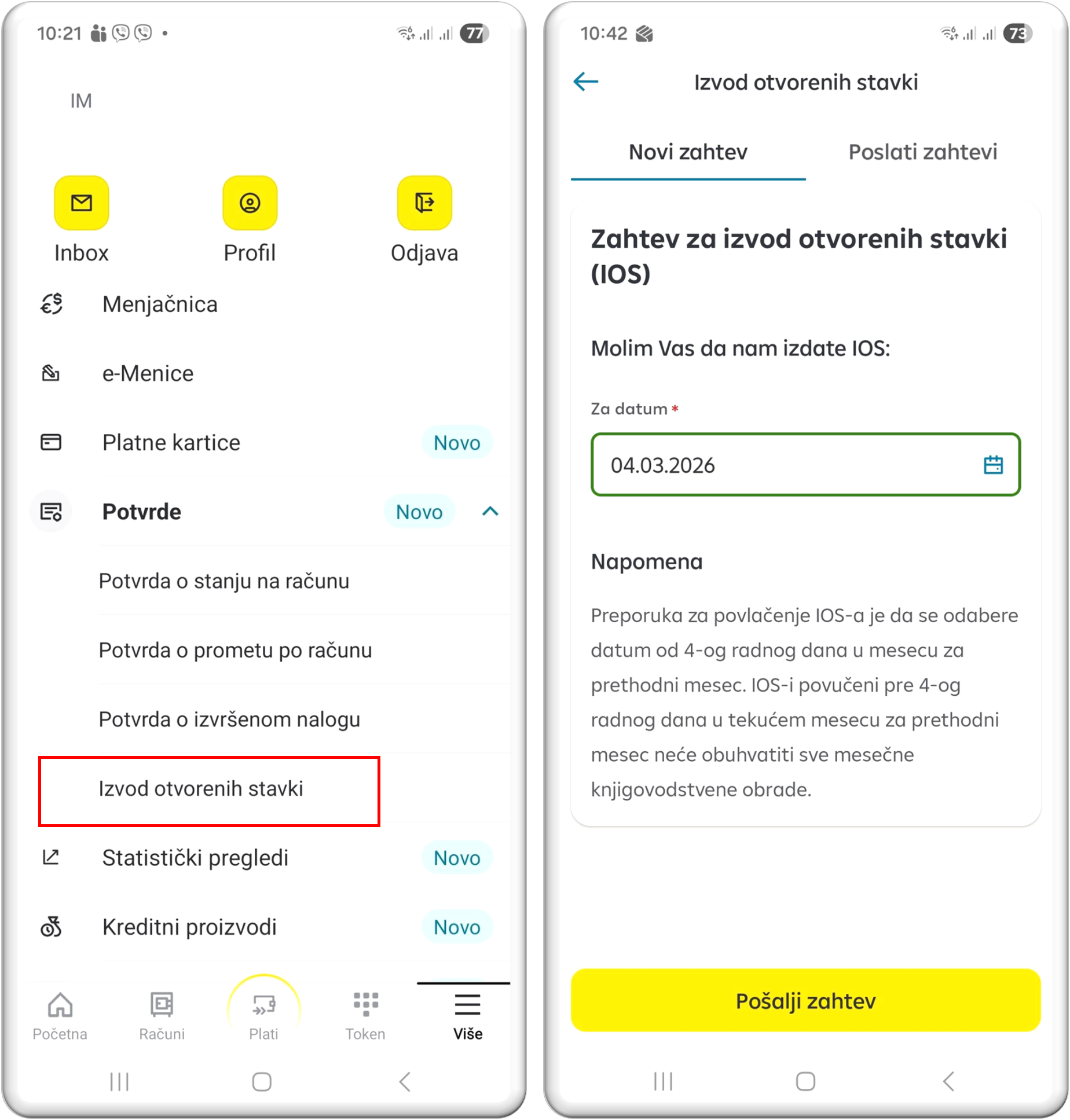 Izvod otvorenih stavki-IOS potvrda u aplikaciji za biznis korisnike