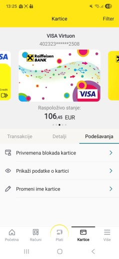 Privremena blokada – omogućava privremeno blokiranje kartice.
Prikaži podatke o kartici – informacije neophodne za iniciranje plaćanja putem interneta.