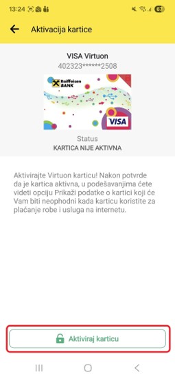 5. Otvara se ekran za aktivaciju kartice, na kome birate opciju Aktiviraj karticu.