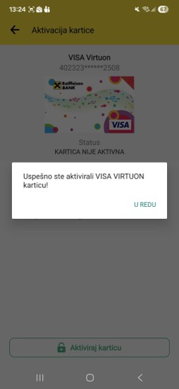 6.  Nakon potvrde, dobićete obaveštenje da je kartica aktivna i spremna za korišćenje.