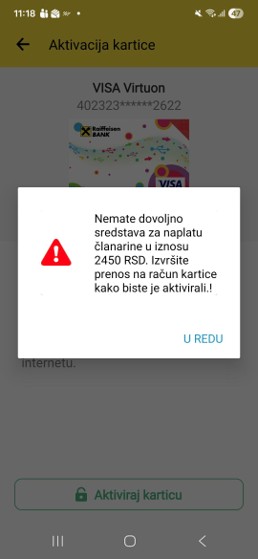 Ako na računima nema dovoljno sredstava, klijent dobija obaveštenje da dopuni račun.
