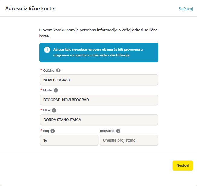 Potrvrda/unos podataka licne karte/pasoša u procesu apliciranja za debitnu karticu online