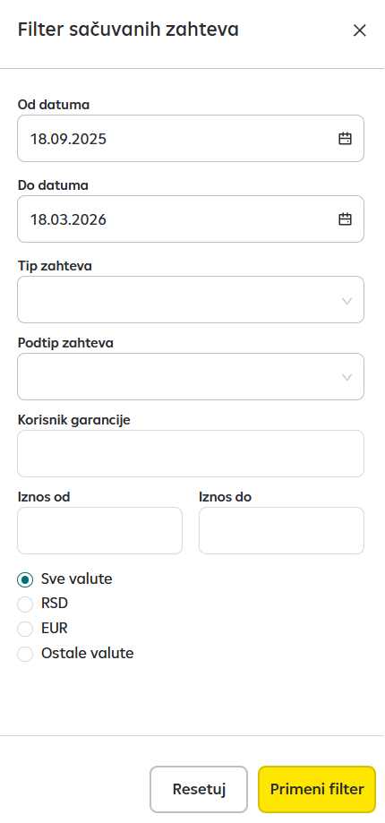 Pretraga poslatih i sačuvanih zahteva. 