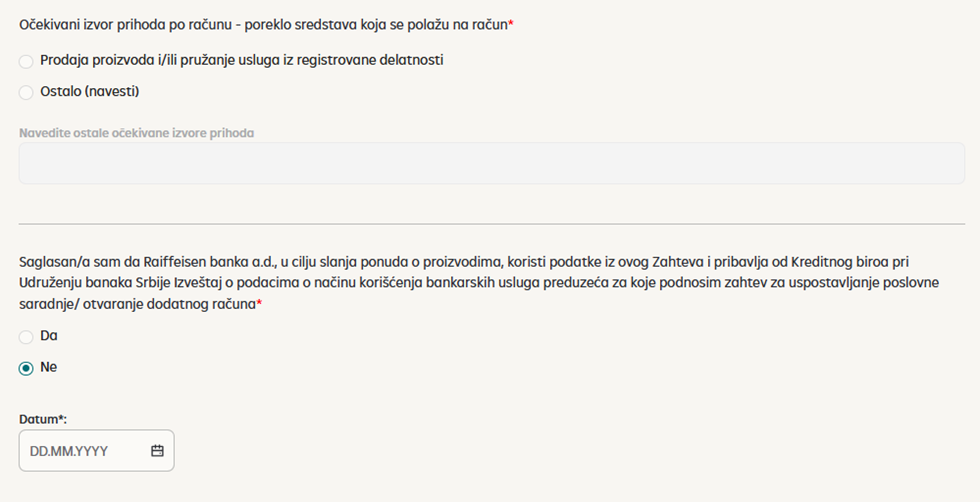 Očekivani izvor prihoda po računu i poreklo sredstava koje se polažu na račun.