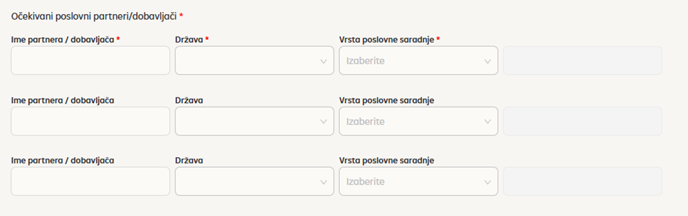 Slika na kojoj se prikazuju polja za inost očekivanih poslovnih partnera, odosno dobavljača na iPortalu.