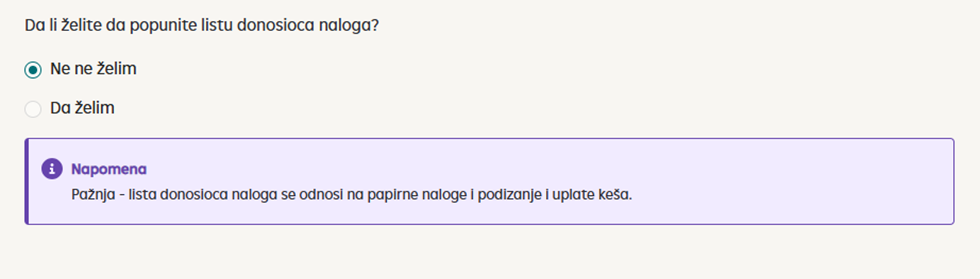 Popunjavanje forme o korišćenju liste donosioca naloga.