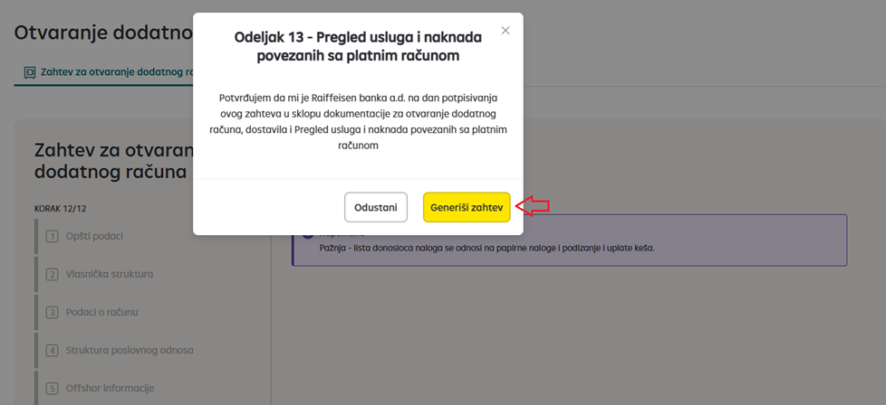 Generisanje zahteva za otvaranje dodatnog računa.