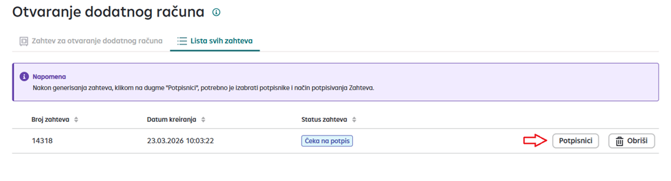 Potpisnici za otvaranje dodatnog računa.