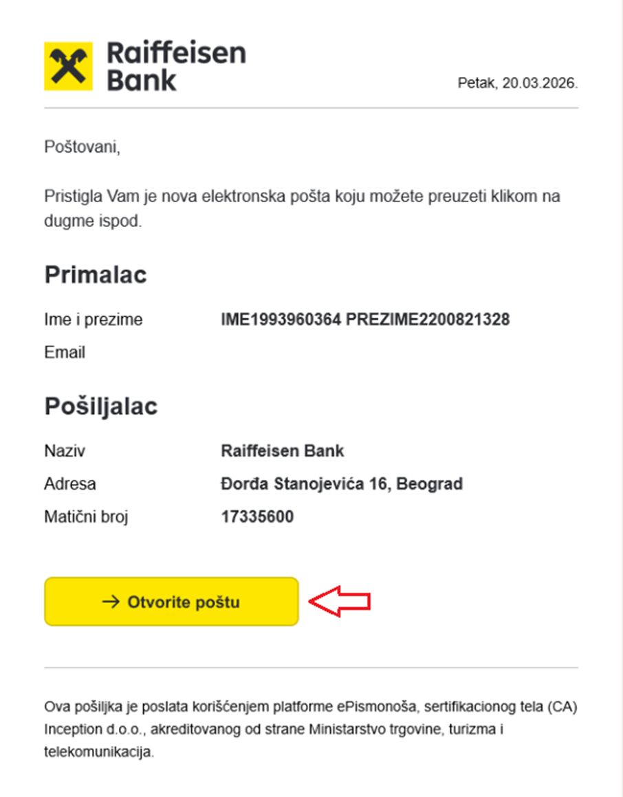 Mejl obaveštenje sa spremnim dokumentom za elektronski potpis.