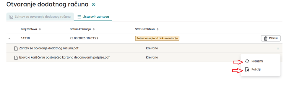 Preuzimanje i slanje dokumenta za otvaranje dodatnog računa u iPortalu.