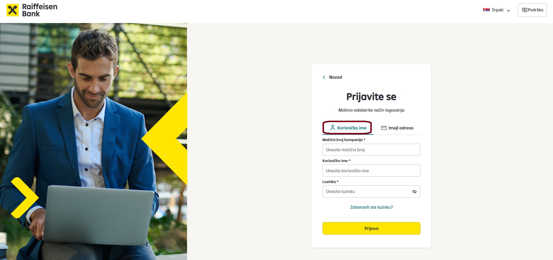 Prijava korisnika na iPortal Raiffeisen banke. 