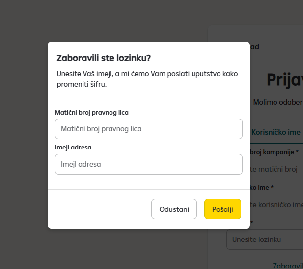 Mesto na kom se unosi matični broj pravnog lica i imejl adresa na koju stiže link za ponovno kreiranje lozinke za iPortal.