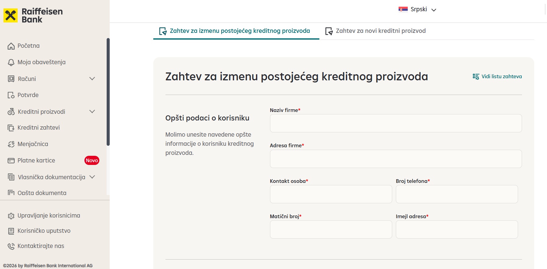 Forma zahteva za izmenu postojećeg kreditnog proizvoda - unos opštih podataka o korisniku.