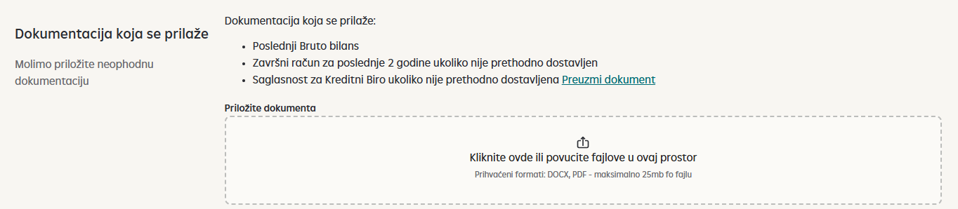 Mesto za prilaganje dokumentacije - izgled forme.
