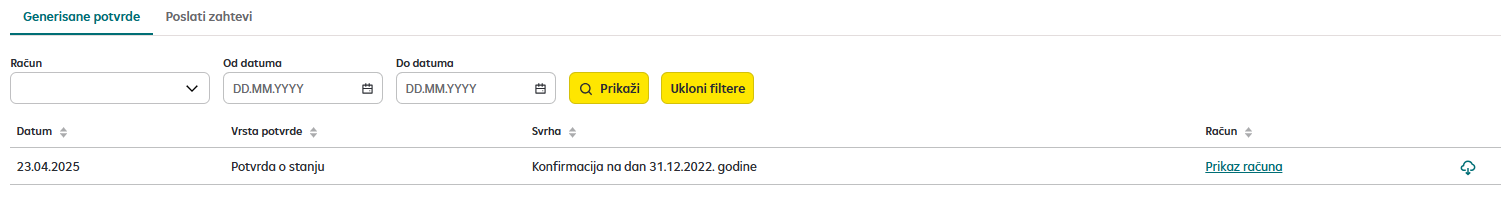 Pregled generisanih potvrda na iPortalu.