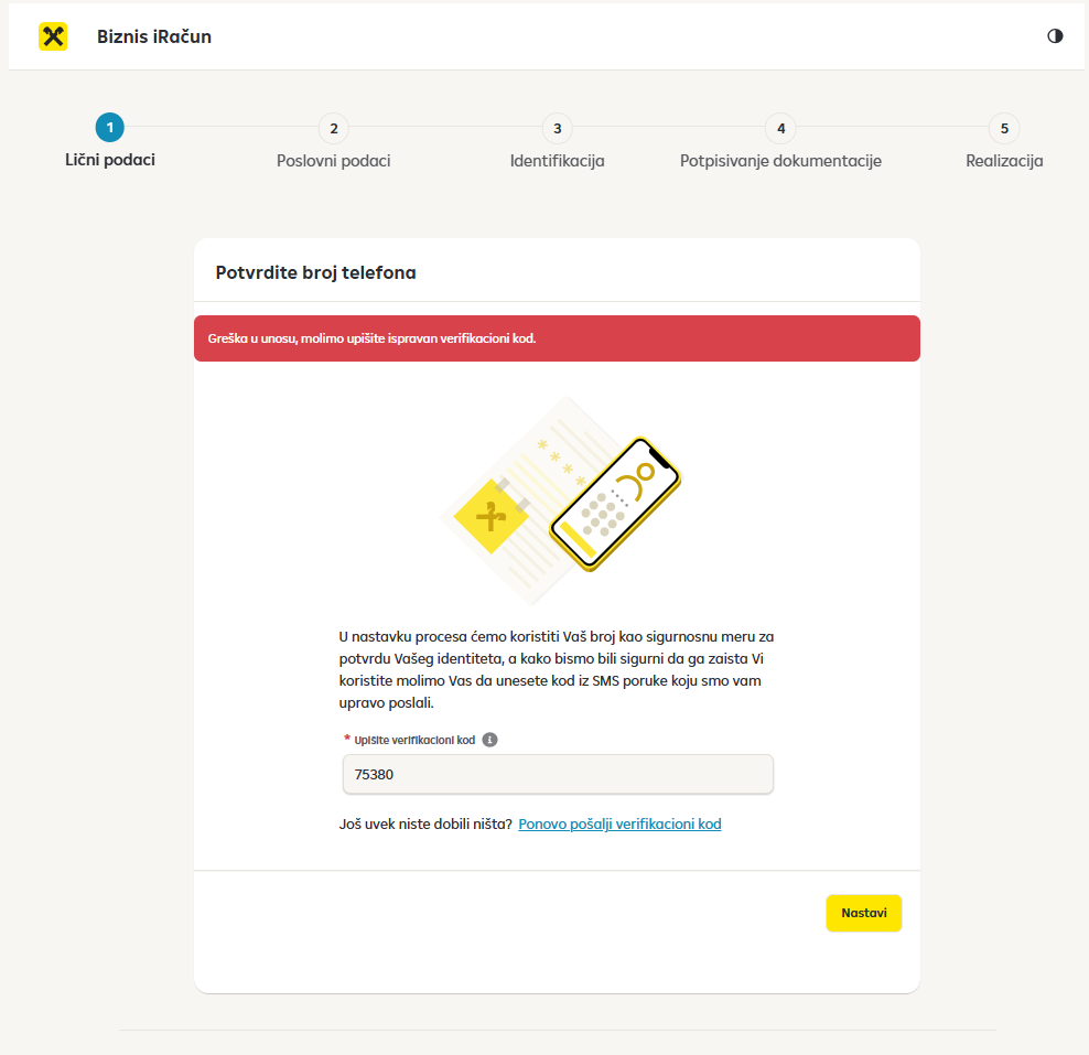 Potvrda broja telefona verifikacionim kodom u procesu apliciranja za debitnu karticu online