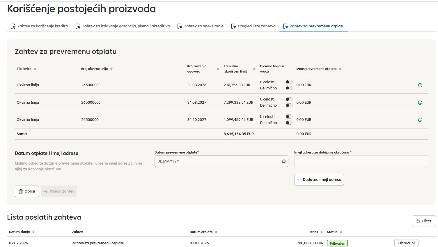 Izgled ekrana na kome se podnosi zahtev za prevremenu otplatu - iPortal.