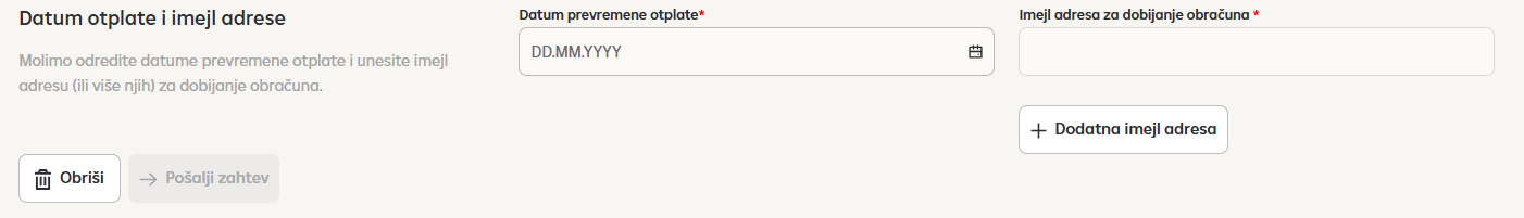 Unos datuma otplate i imejl adrese za dobijanje obračuna.